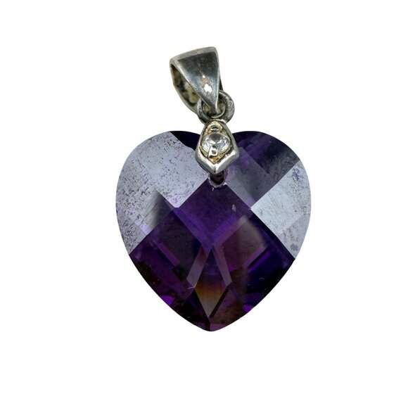 Heart Shaped Sterling Silver Pendant With Purple Glass Faceted Design Charm Amul - Picture 1 of 6